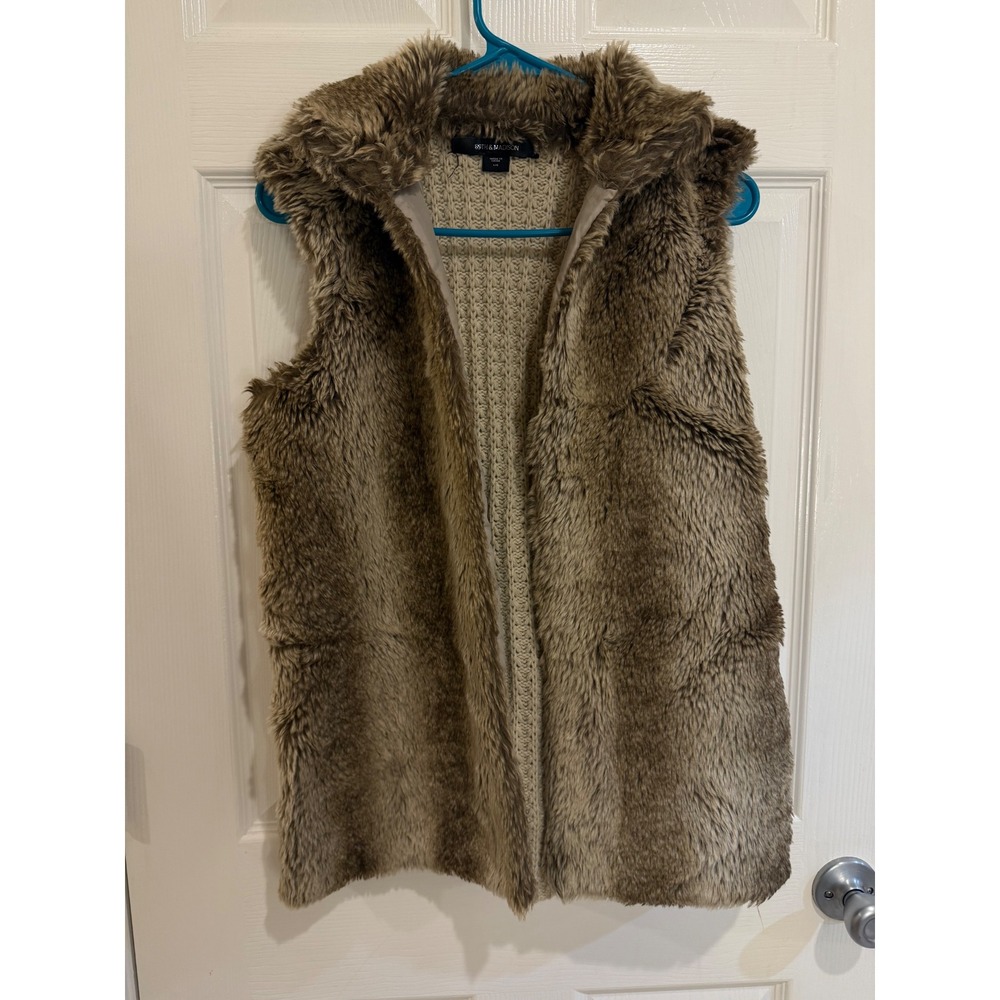 89th & Madison Faux Fur Vest Sleeveless Knit Lined Brown Tan L/G